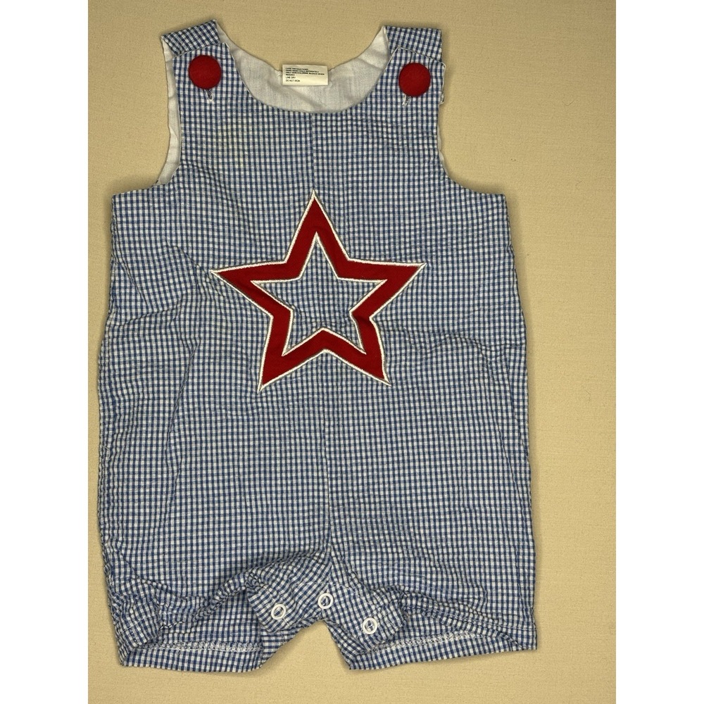 Vintage Little Wishes Baby Boys Boys Blue Gingham Romper Size 6-12 Months